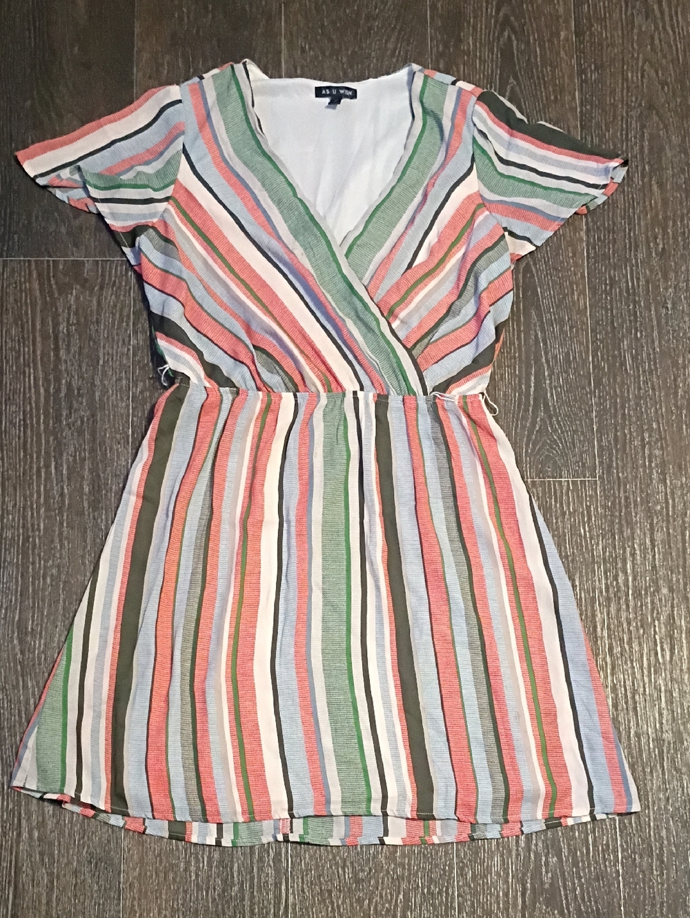 As U Wish Striped Wrap Midi Dress in Pink, Green, Cream & Gray
